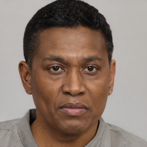 Joyful black adult male with short  brown hair and brown eyes
