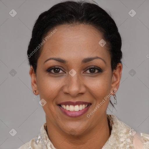 Joyful latino young-adult female with short  brown hair and brown eyes