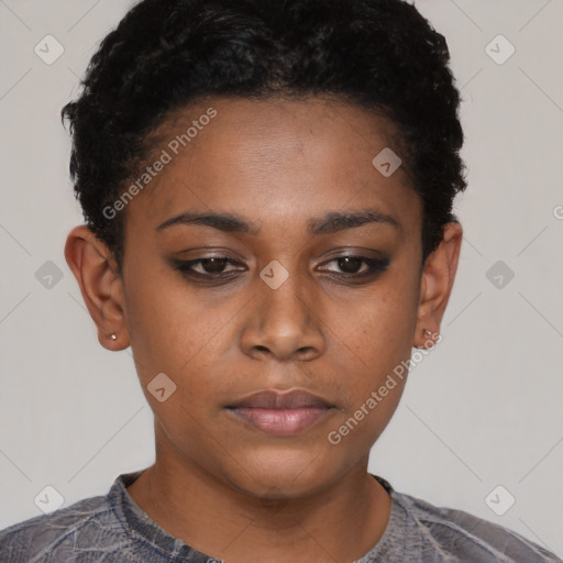 Neutral black young-adult female with short  black hair and brown eyes