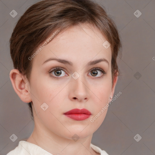 Neutral white young-adult female with short  brown hair and brown eyes