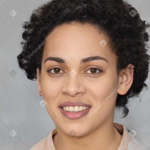 Joyful latino young-adult female with medium  black hair and brown eyes