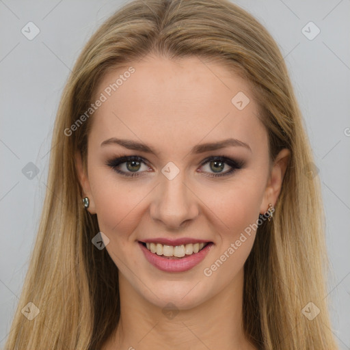 Joyful white young-adult female with long  brown hair and green eyes