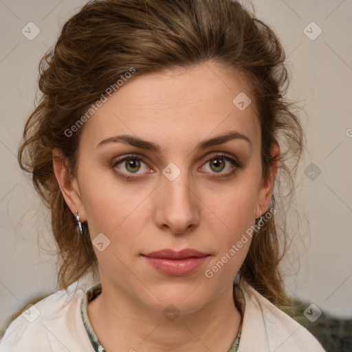 Joyful white young-adult female with medium  brown hair and green eyes