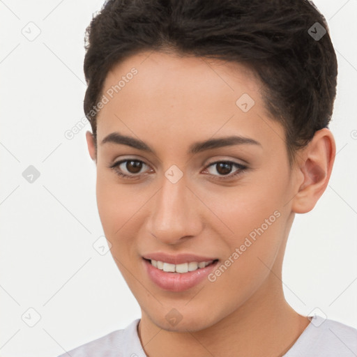 Joyful white young-adult female with short  brown hair and brown eyes