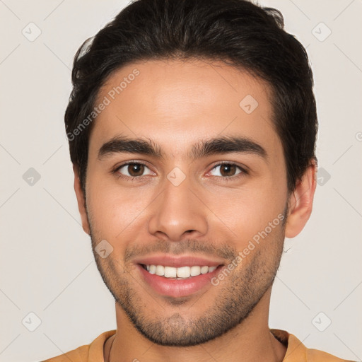 Joyful white young-adult male with short  brown hair and brown eyes