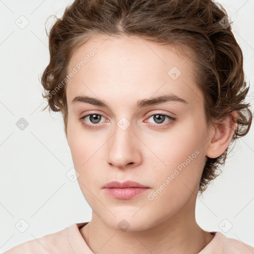 Neutral white young-adult female with short  brown hair and brown eyes