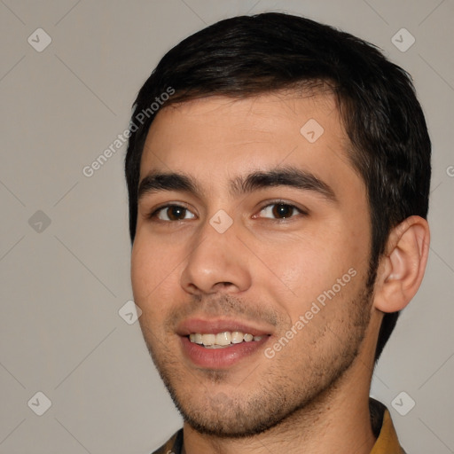 Joyful white young-adult male with short  brown hair and brown eyes