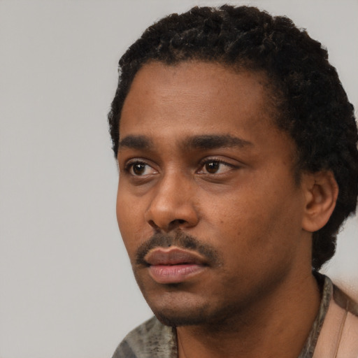 Neutral black young-adult male with short  black hair and brown eyes