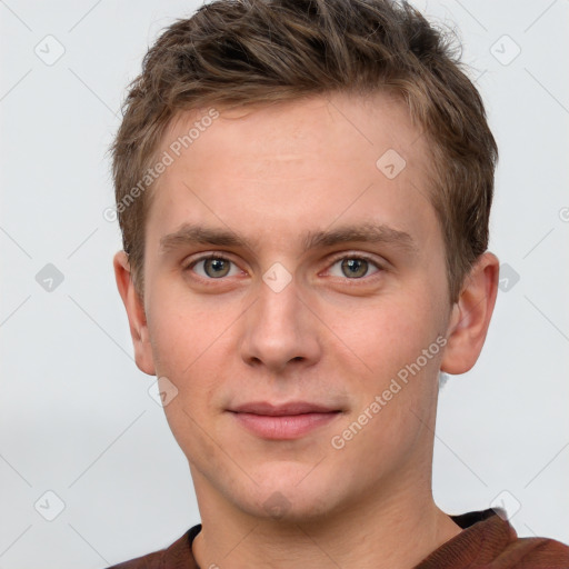 Neutral white young-adult male with short  brown hair and grey eyes