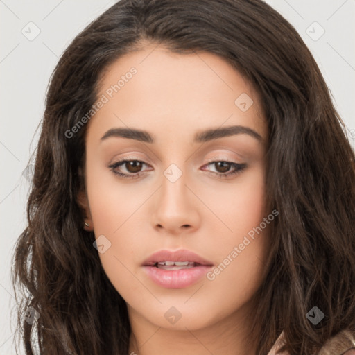 Neutral asian young-adult female with long  brown hair and brown eyes