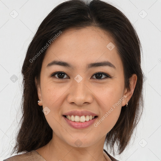 Joyful white young-adult female with medium  brown hair and brown eyes