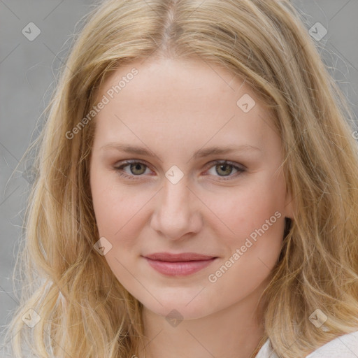 Joyful white young-adult female with medium  brown hair and blue eyes