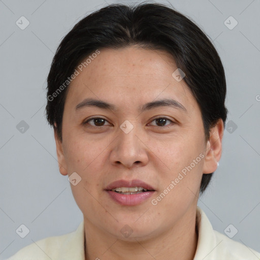 Joyful white adult female with short  brown hair and brown eyes