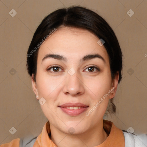 Joyful white young-adult female with medium  brown hair and brown eyes