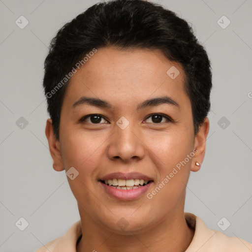 Joyful latino young-adult female with short  brown hair and brown eyes