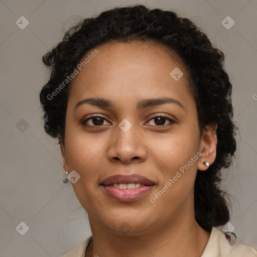 Joyful latino young-adult female with long  brown hair and brown eyes