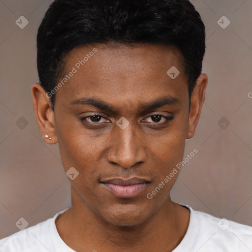 Joyful black young-adult male with short  black hair and brown eyes