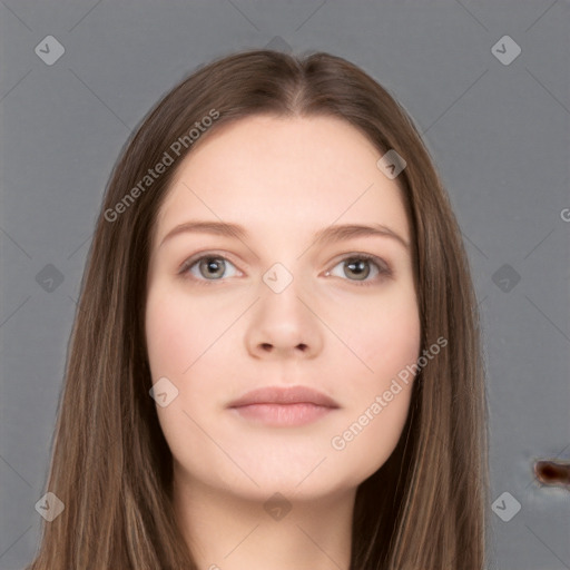 Neutral white young-adult female with long  brown hair and grey eyes