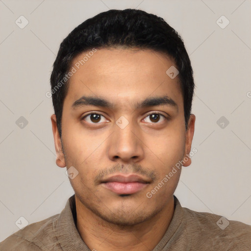 Neutral latino young-adult male with short  black hair and brown eyes