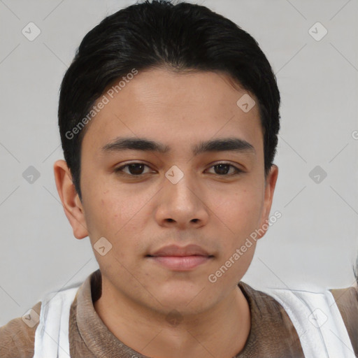 Neutral asian young-adult male with short  black hair and brown eyes