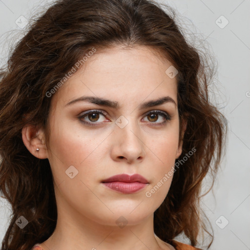 Neutral white young-adult female with long  brown hair and brown eyes