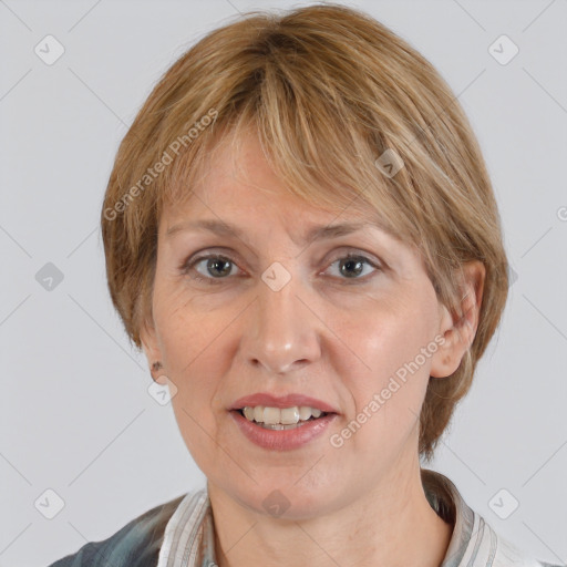 Joyful white adult female with medium  brown hair and grey eyes