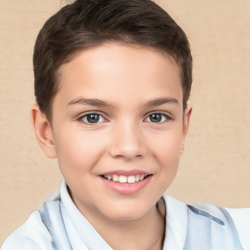 Joyful white child female with short  brown hair and brown eyes