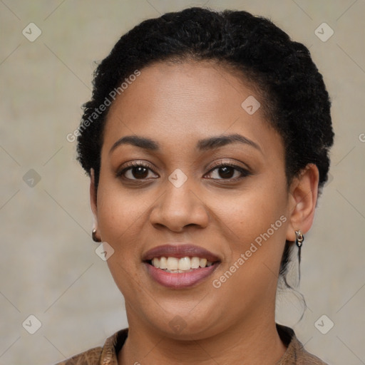 Joyful latino young-adult female with short  brown hair and brown eyes