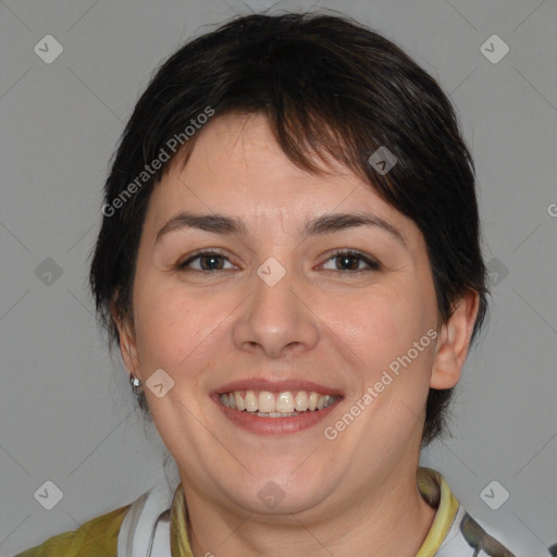 Joyful white young-adult female with medium  brown hair and brown eyes