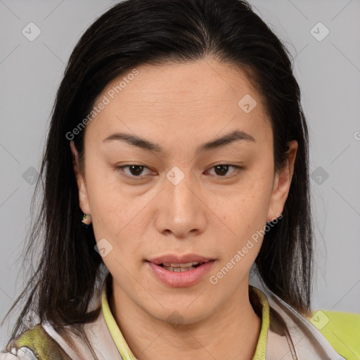 Joyful asian young-adult female with medium  brown hair and brown eyes