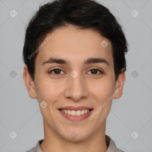 Joyful white young-adult female with short  brown hair and brown eyes