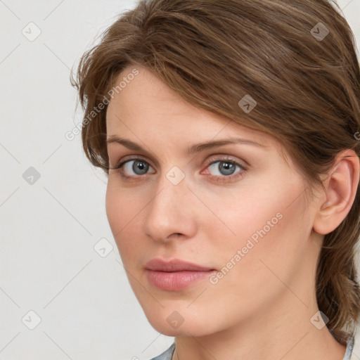 Neutral white young-adult female with long  brown hair and grey eyes