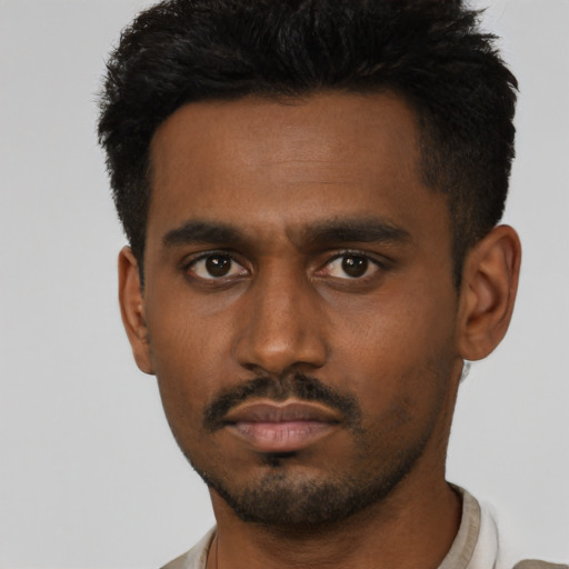 Neutral black young-adult male with short  black hair and brown eyes