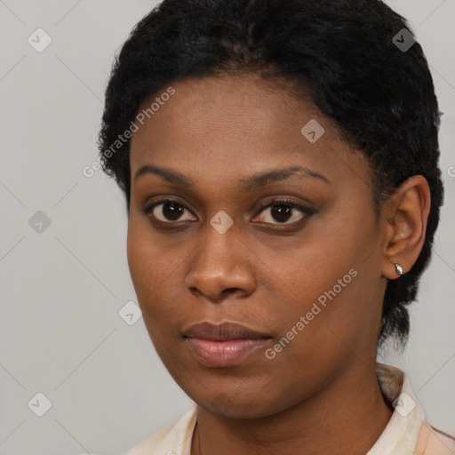 Neutral black young-adult female with short  black hair and brown eyes