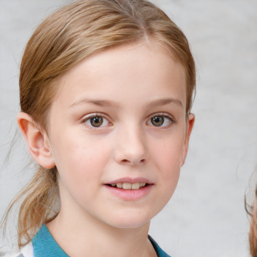 Joyful white child female with medium  brown hair and blue eyes