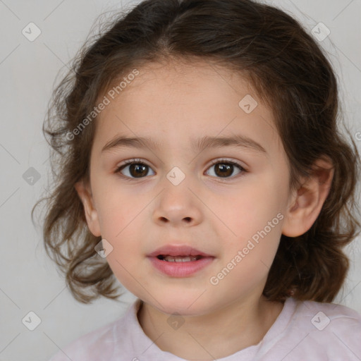 Joyful white child female with medium  brown hair and brown eyes