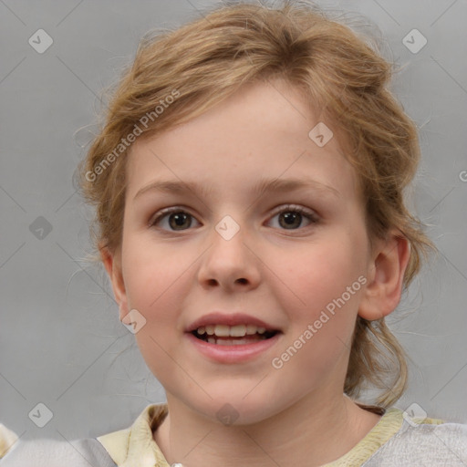 Joyful white child female with medium  brown hair and blue eyes