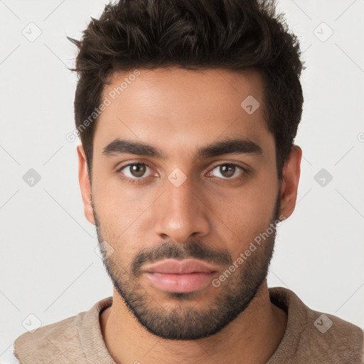 Neutral white young-adult male with short  brown hair and brown eyes