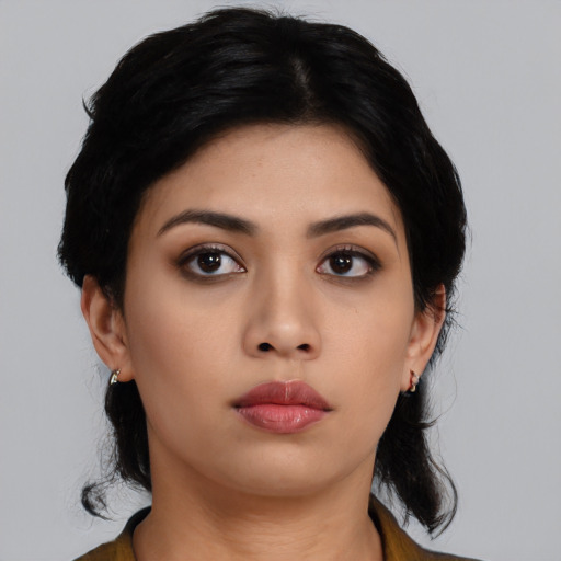 Neutral asian young-adult female with medium  black hair and brown eyes