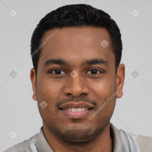Joyful latino young-adult male with short  black hair and brown eyes