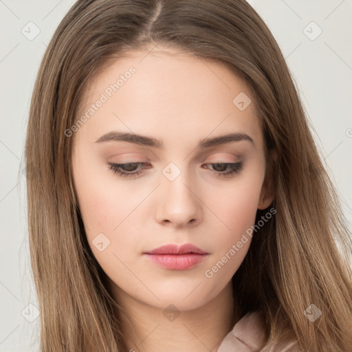 Neutral white young-adult female with long  brown hair and brown eyes