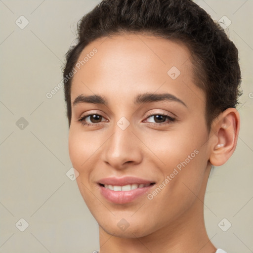 Joyful white young-adult female with short  brown hair and brown eyes