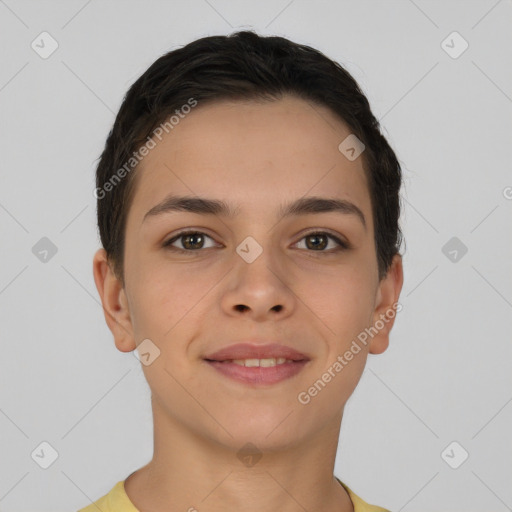 Joyful white young-adult female with short  brown hair and brown eyes