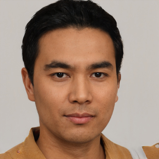 Neutral asian young-adult male with short  black hair and brown eyes