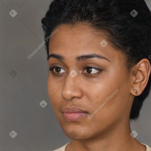 Neutral black young-adult female with short  brown hair and brown eyes