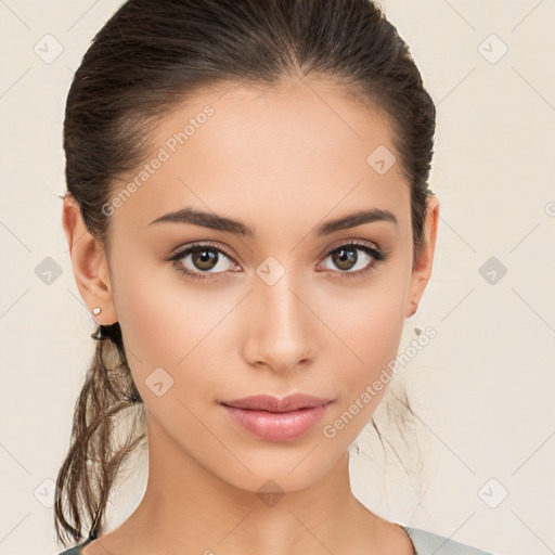 Neutral white young-adult female with medium  brown hair and brown eyes