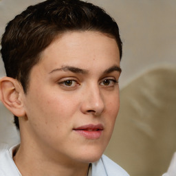 Neutral white young-adult female with short  brown hair and brown eyes