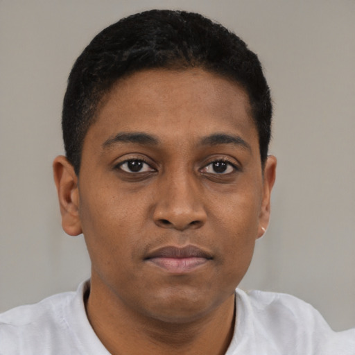 Neutral black young-adult male with short  brown hair and brown eyes