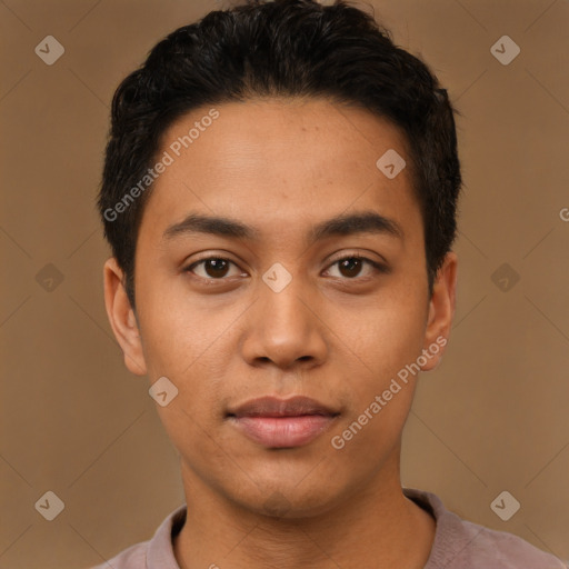 Neutral latino young-adult male with short  black hair and brown eyes