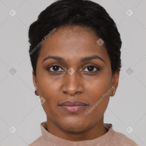 Neutral black young-adult female with short  black hair and brown eyes